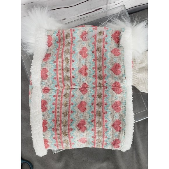 Toby Me Girls 3 Piece Infinity Scarf Handwear Teal Tan Pink Heart Fur PomPom Hat - Picture 4 of 9